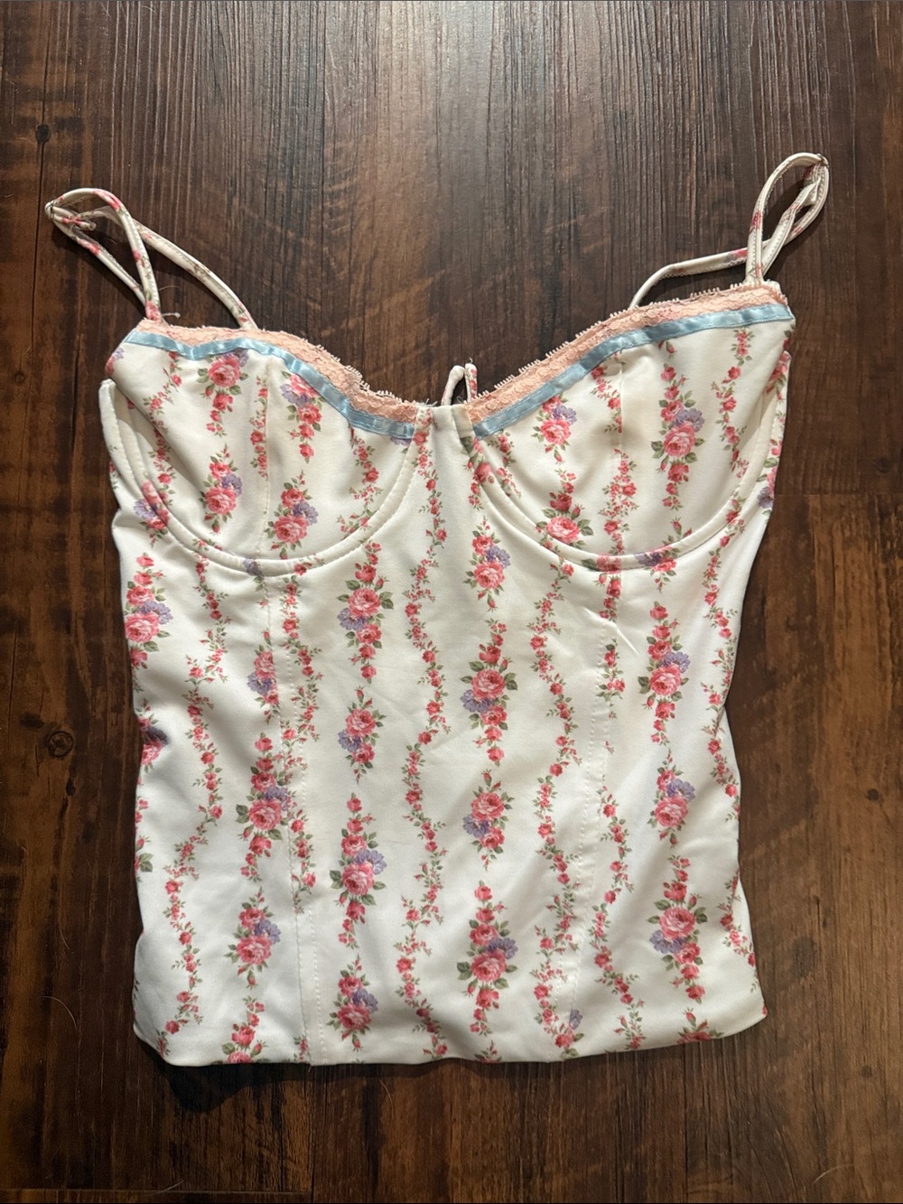 Edikted White Floral Lace-Trimmed Camisole with Pink Roses